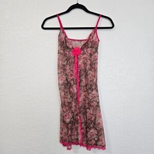 Vintage y2k Floral Sheer Babydoll Slip Dress Lingerie Hot Pink Lace Trim XS